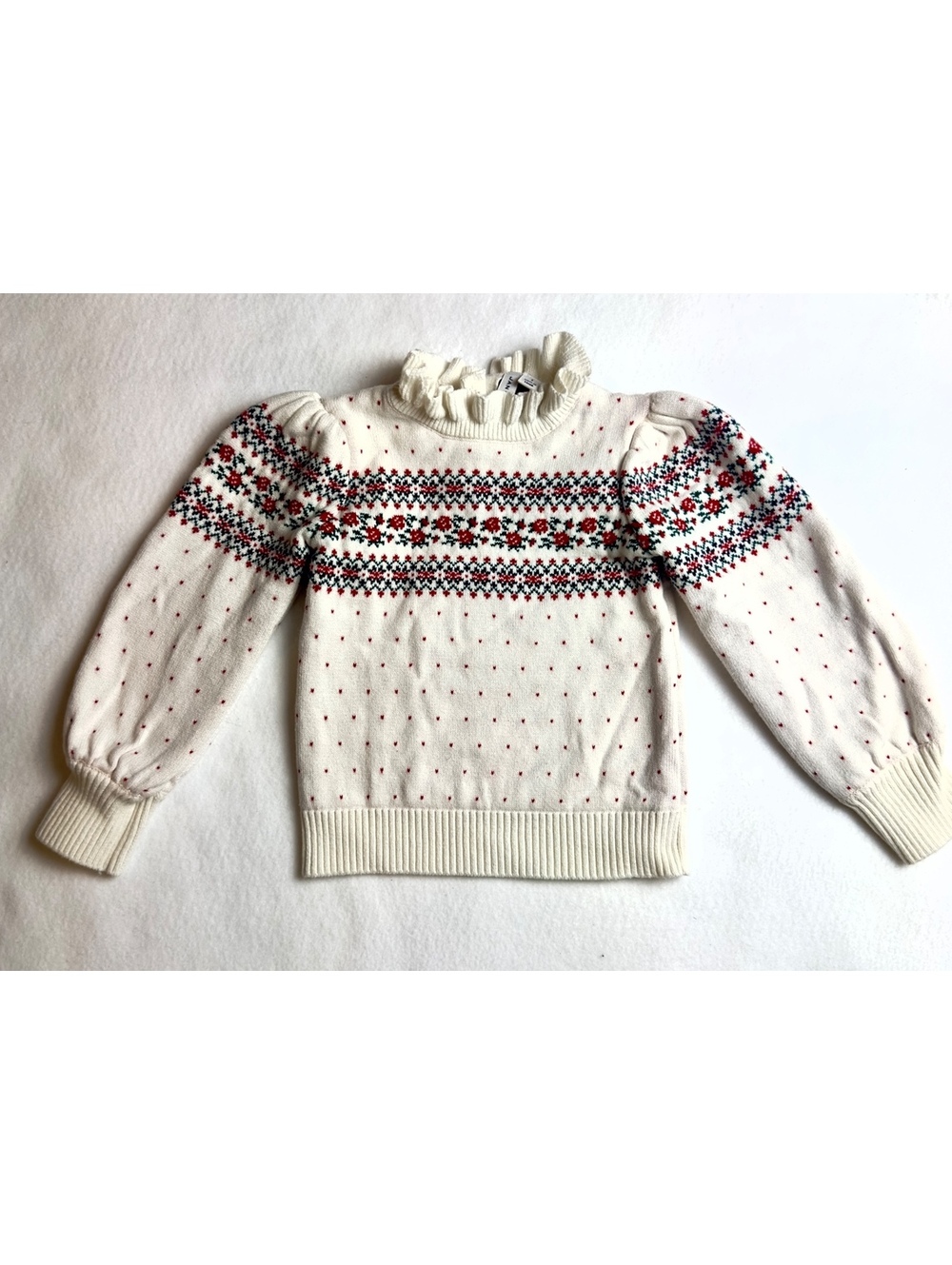 Janie and Jack Girls Fair Isle Sweater Ivory Floral Ruffle Neck Puff Sleeve
